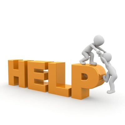 two cartoon grey men are helping each other on a help sign showing that asking for help is not a weakness